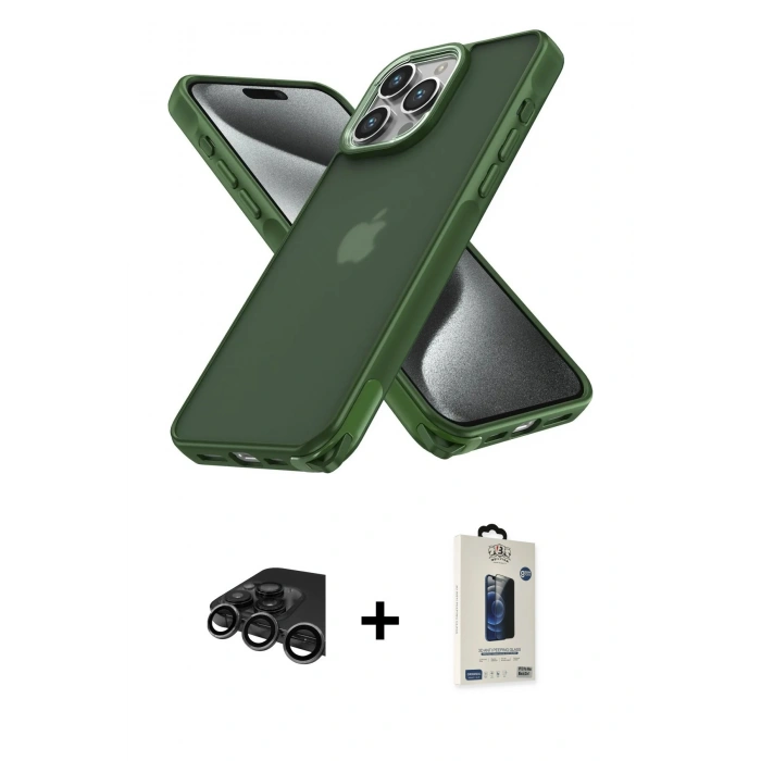 MARSİLYAN™- iPhone 15 Pro Max Kılıf Atlas Form - Siyah Bilvis Hayalet Cam Ekran Koruyucu + Raze Metal Kamera Lens - TMGI