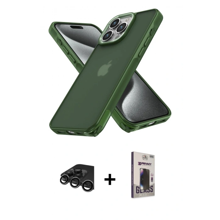 MARSİLYAN™- iPhone 15 Pro Max Kılıf Atlas Form - Siyah Bilvis Hayalet Cam Ekran Koruyucu + Raze Metal Kamera Lens - TMGI