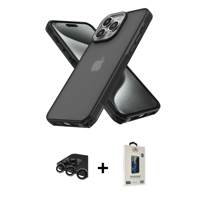 MARSİLYAN™- iPhone 15 Pro Max Kılıf Atlas Form - Siyah Bilvis Hayalet Cam Ekran Koruyucu + Raze Metal Kamera Lens - TMGI