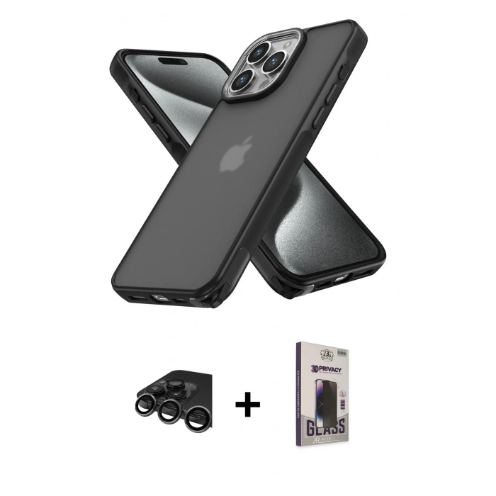 MARSİLYAN™- iPhone 15 Pro Max Kılıf Atlas Form - Siyah Bilvis Hayalet Cam Ekran Koruyucu + Raze Metal Kamera Lens - TMGI