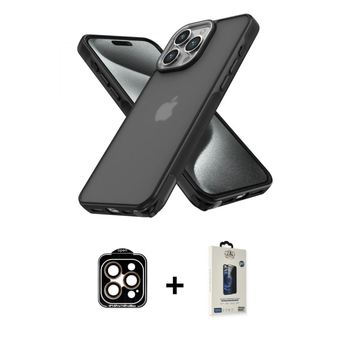 MARSİLYAN™- iPhone 15 Pro Max Kılıf Atlas Form - Siyah Bilvis Hayalet Cam Ekran Koruyucu + PVD Metal Kamera Lens - TU