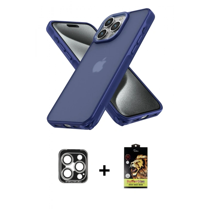MARSİLYAN™- iPhone 15 Pro Max Kılıf Atlas Form - Siyah Buffer Cam Ekran Koruyucu + Gümüş PVD Metal Kamera Lens