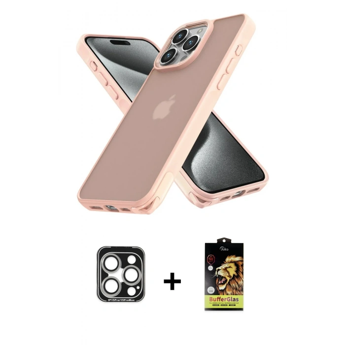 MARSİLYAN™- iPhone 15 Pro Max Kılıf Atlas Form - Siyah Buffer Cam Ekran Koruyucu + Gümüş PVD Metal Kamera Lens