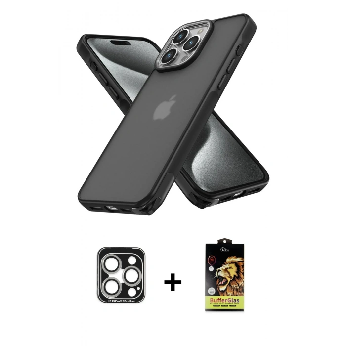 MARSİLYAN™- iPhone 15 Pro Max Kılıf Atlas Form - Siyah Buffer Cam Ekran Koruyucu + Gümüş PVD Metal Kamera Lens