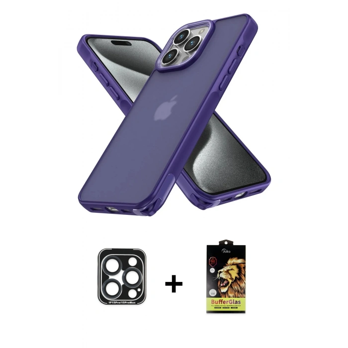 MARSİLYAN™- iPhone 15 Pro Max Kılıf Atlas Form - Siyah Buffer Cam Ekran Koruyucu + PVD Metal Kamera Lens - LT