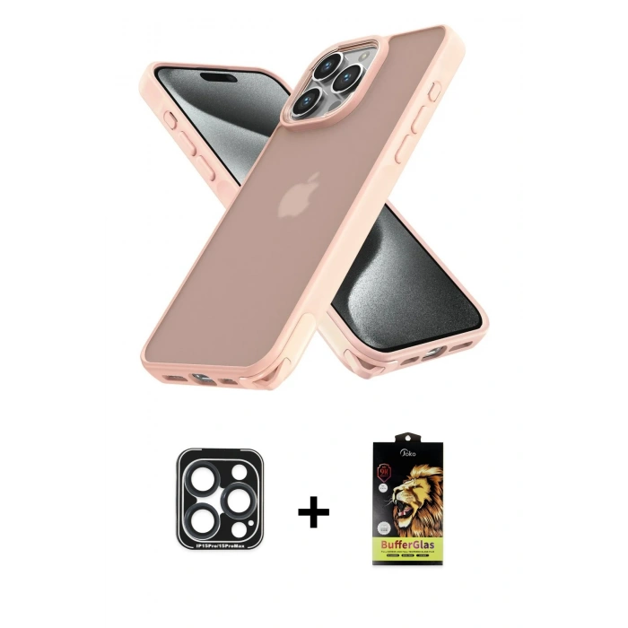 MARSİLYAN™- iPhone 15 Pro Max Kılıf Atlas Form - Siyah Buffer Cam Ekran Koruyucu + PVD Metal Kamera Lens - LT