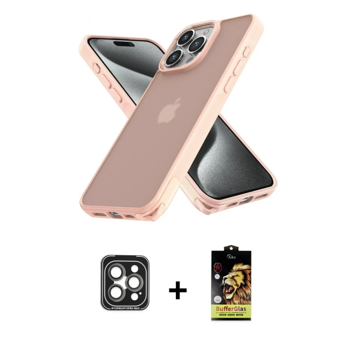 MARSİLYAN™- iPhone 15 Pro Max Kılıf Atlas Form - Siyah Buffer Cam Ekran Koruyucu + PVD Metal Kamera Lens - GI