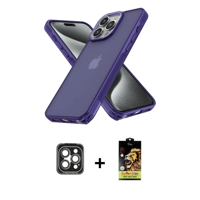 MARSİLYAN™- iPhone 15 Pro Max Kılıf Atlas Form - Siyah Buffer Cam Ekran Koruyucu + PVD Metal Kamera Lens - GI