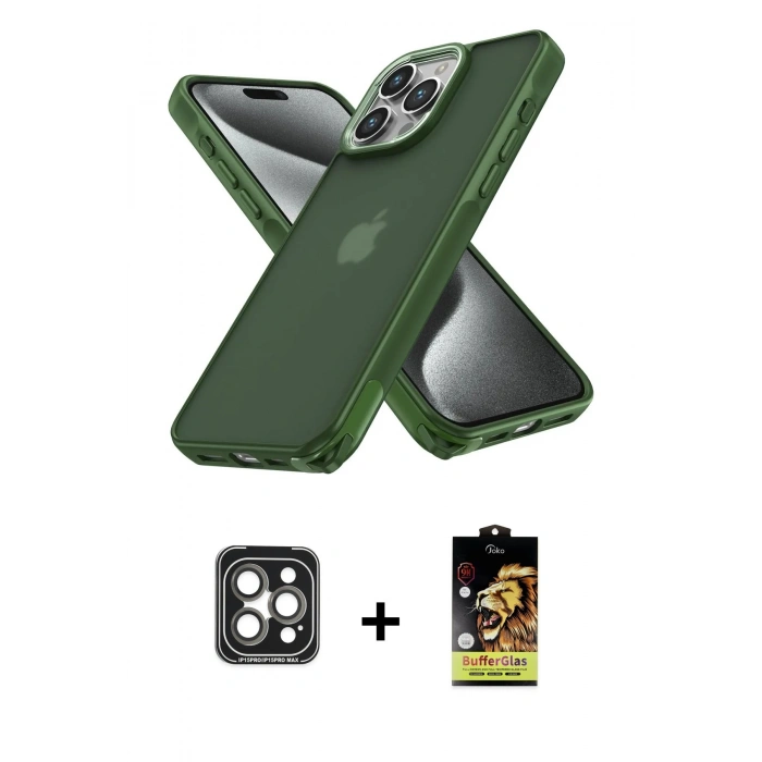 MARSİLYAN™- iPhone 15 Pro Max Kılıf Atlas Form - Siyah Buffer Cam Ekran Koruyucu + PVD Metal Kamera Lens - GI