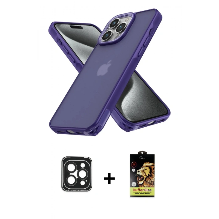 MARSİLYAN™- iPhone 15 Pro Max Kılıf Atlas Form - Siyah Buffer Cam Ekran Koruyucu + PVD Metal Kamera Lens - SH