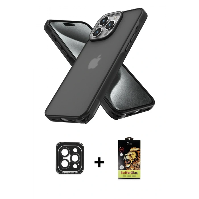 MARSİLYAN™- iPhone 15 Pro Max Kılıf Atlas Form - Siyah Buffer Cam Ekran Koruyucu + PVD Metal Kamera Lens - SH