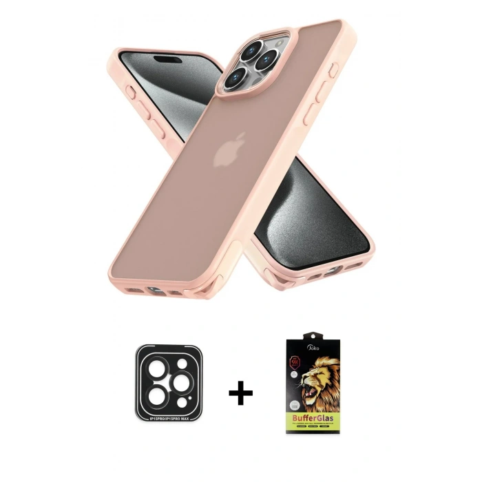 MARSİLYAN™- iPhone 15 Pro Max Kılıf Atlas Form - Siyah Buffer Cam Ekran Koruyucu + Siyah PVD Metal Kamera Lens