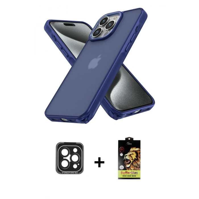 MARSİLYAN™- iPhone 15 Pro Max Kılıf Atlas Form - Siyah Buffer Cam Ekran Koruyucu + Siyah PVD Metal Kamera Lens