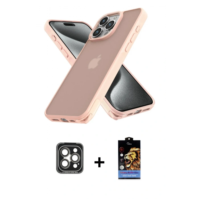MARSİLYAN™- iPhone 15 Pro Max Kılıf Atlas Form - Siyah Buffer Hayalet Cam Ekran Koruyucu + PVD Metal Kamera Lens - GI