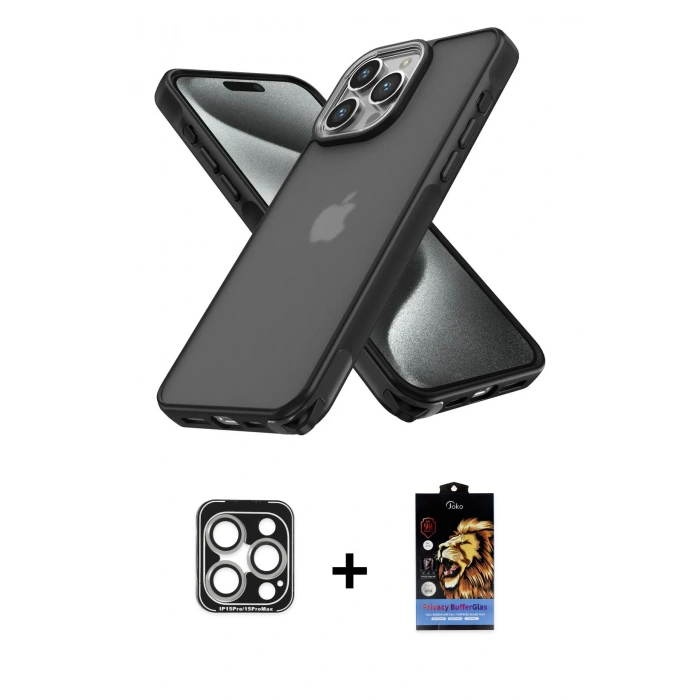 MARSİLYAN™- iPhone 15 Pro Max Kılıf Atlas Form - Siyah Buffer Hayalet Cam Ekran Koruyucu + PVD Metal Kamera Lens - GS