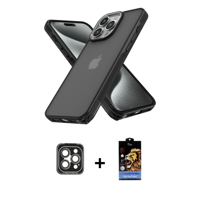 MARSİLYAN™- iPhone 15 Pro Max Kılıf Atlas Form - Siyah Buffer Hayalet Cam Ekran Koruyucu + PVD Metal Kamera Lens - GI