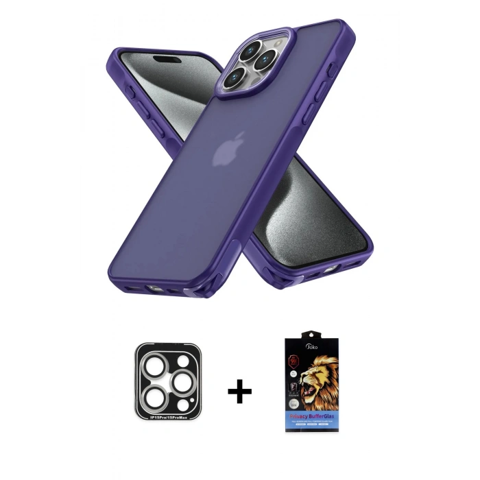 MARSİLYAN™- iPhone 15 Pro Max Kılıf Atlas Form - Siyah Buffer Hayalet Cam Ekran Koruyucu + PVD Metal Kamera Lens - GS