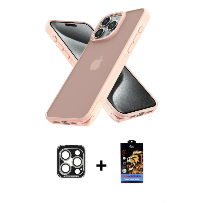 MARSİLYAN™- iPhone 15 Pro Max Kılıf Atlas Form - Siyah Buffer Hayalet Cam Ekran Koruyucu + PVD Metal Kamera Lens - GS