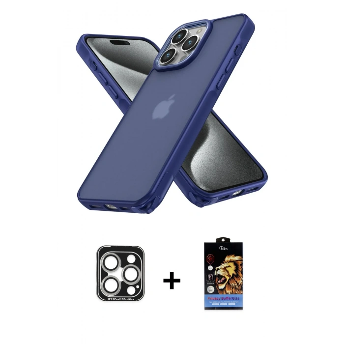 MARSİLYAN™- iPhone 15 Pro Max Kılıf Atlas Form - Siyah Buffer Hayalet Cam Ekran Koruyucu + PVD Metal Kamera Lens - GS