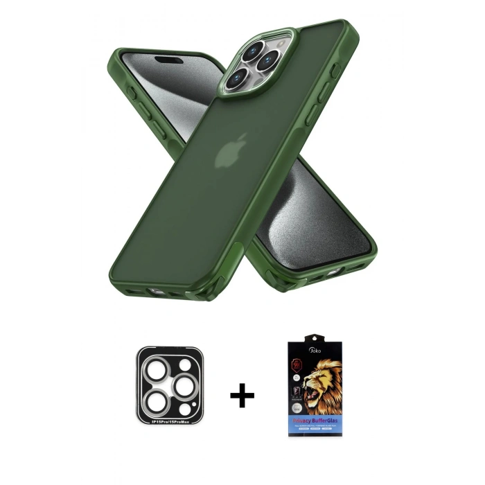 MARSİLYAN™- iPhone 15 Pro Max Kılıf Atlas Form - Siyah Buffer Hayalet Cam Ekran Koruyucu + PVD Metal Kamera Lens - GS
