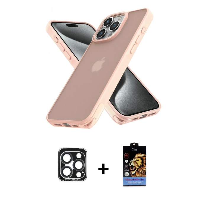 MARSİLYAN™- iPhone 15 Pro Max Kılıf Atlas Form - Siyah Buffer Hayalet Cam Ekran Koruyucu + PVD Metal Kamera Lens - LT