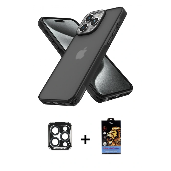 MARSİLYAN™- iPhone 15 Pro Max Kılıf Atlas Form - Siyah Buffer Hayalet Cam Ekran Koruyucu + PVD Metal Kamera Lens - LT