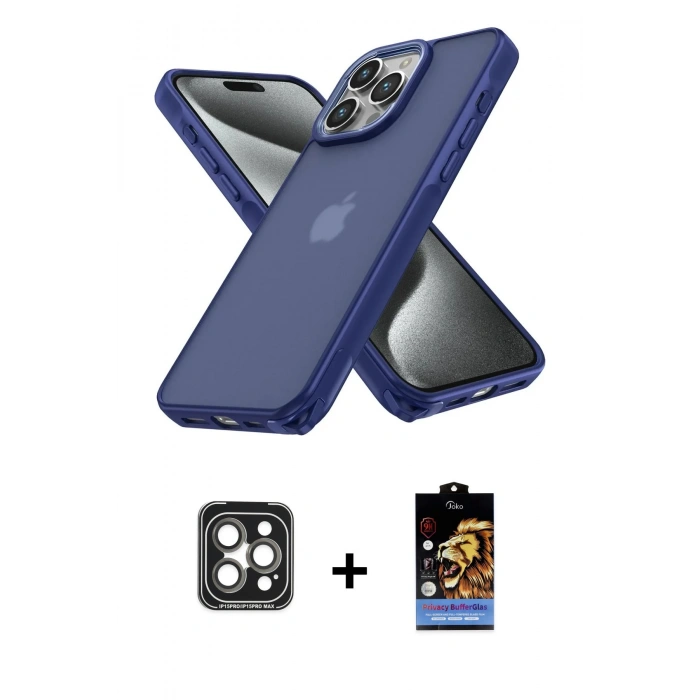 MARSİLYAN™- iPhone 15 Pro Max Kılıf Atlas Form - Siyah Buffer Hayalet Cam Ekran Koruyucu + PVD Metal Kamera Lens - GI