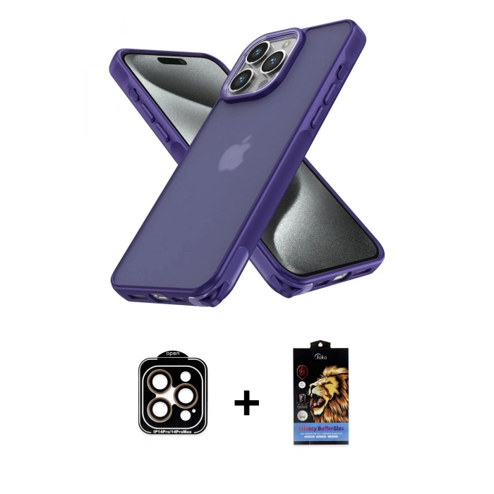 MARSİLYAN™- iPhone 15 Pro Max Kılıf Atlas Form - Siyah Buffer Hayalet Cam Ekran Koruyucu + PVD Metal Kamera Lens - TU