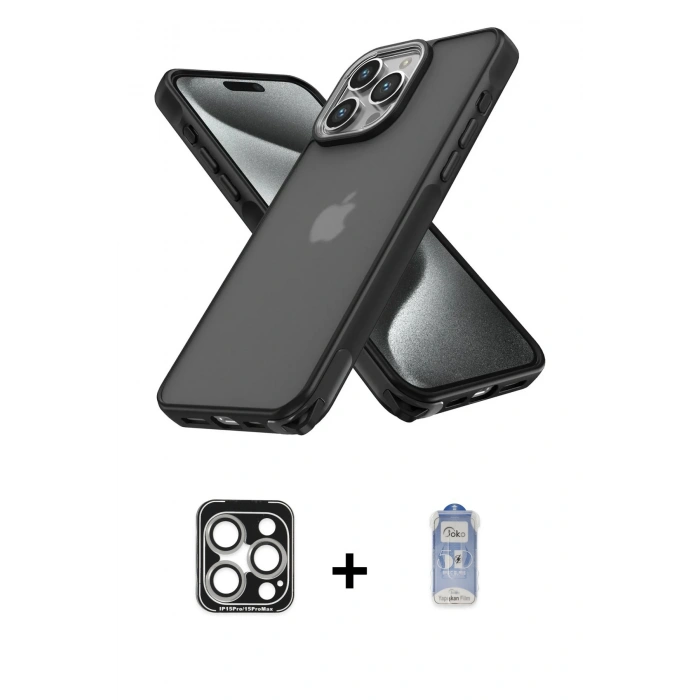 MARSİLYAN™- iPhone 15 Pro Max Kılıf Atlas Form - Siyah Joko Magic 5D Cam + PVD Metal Kamera Lens - GS