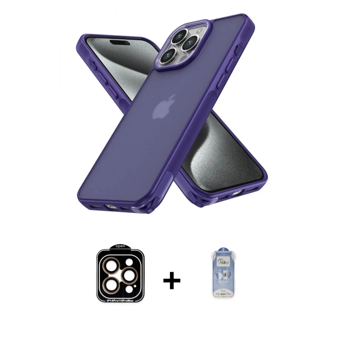 MARSİLYAN™- iPhone 15 Pro Max Kılıf Atlas Form - Siyah Joko Magic 5D Cam + Turuncu PVD Metal Kamera Lens