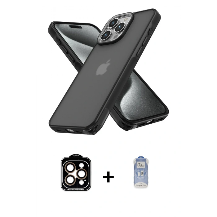 MARSİLYAN™- iPhone 15 Pro Max Kılıf Atlas Form - Siyah Joko Magic 5D Cam + Turuncu PVD Metal Kamera Lens