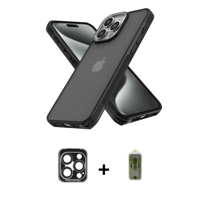 MARSİLYAN™- iPhone 15 Pro Max Kılıf Atlas Form - Siyah Joko Magic 5D Hayalet Cam + PVD Metal Kamera Lens - LT