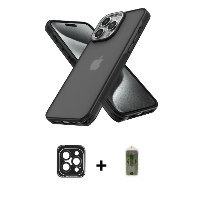 MARSİLYAN™- iPhone 15 Pro Max Kılıf Atlas Form - Siyah Joko Magic 5D Hayalet Cam + PVD Metal Kamera Lens - SH