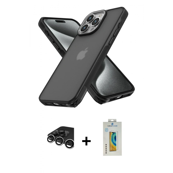 MARSİLYAN™- iPhone 15 Pro Max Kılıf Atlas Form - Siyah Polymer Nano Ekran Koruyucu + Raze Metal Kamera Lens - GS