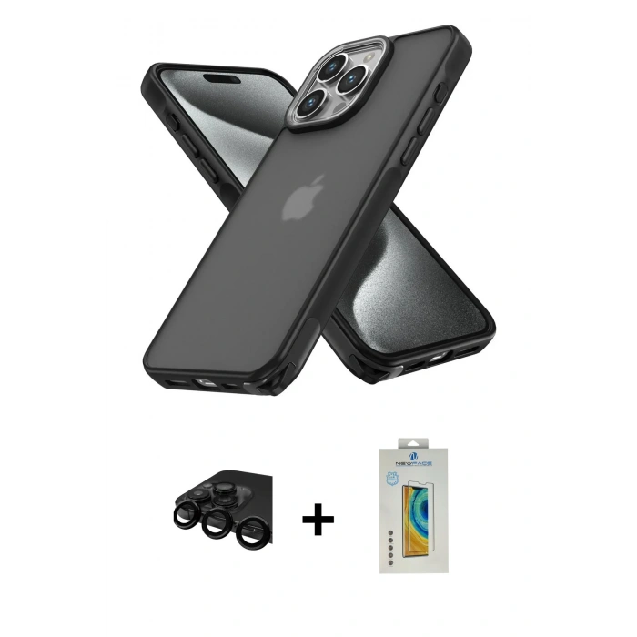 MARSİLYAN™- iPhone 15 Pro Max Kılıf Atlas Form - Siyah Polymer Nano Ekran Koruyucu + Raze Metal Kamera Lens - SH