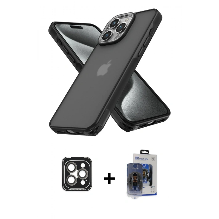 MARSİLYAN™- iPhone 15 Pro Max Kılıf Atlas Form - Siyah Vanessa Magic Cam + PVD Metal Kamera Lens - GI