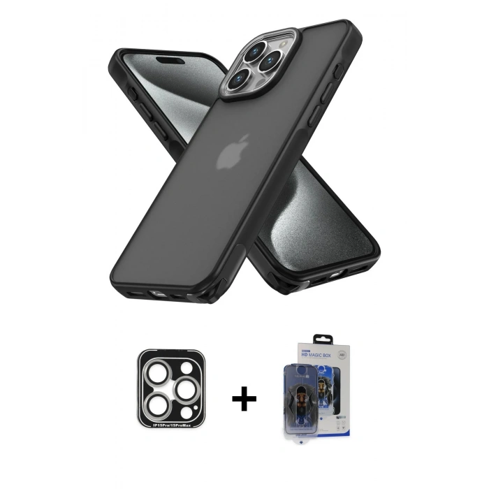 MARSİLYAN™- iPhone 15 Pro Max Kılıf Atlas Form - Siyah Vanessa Magic Cam + PVD Metal Kamera Lens - GS