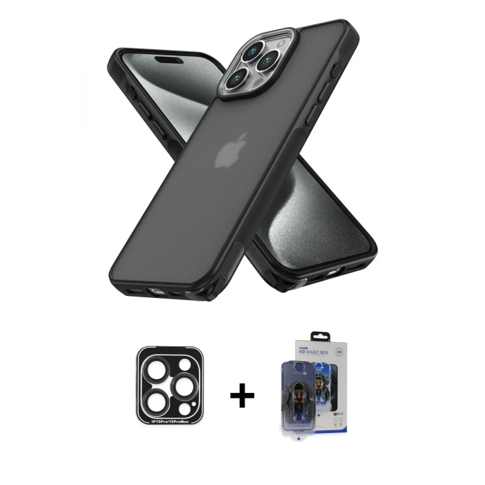 MARSİLYAN™- iPhone 15 Pro Max Kılıf Atlas Form - Siyah Vanessa Magic Cam + PVD Metal Kamera Lens - LT
