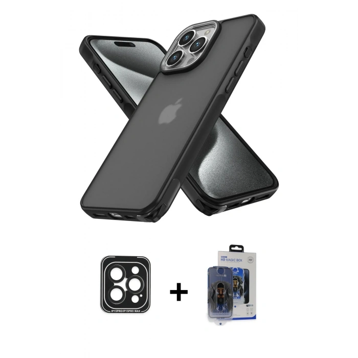 MARSİLYAN™- iPhone 15 Pro Max Kılıf Atlas Form - Siyah Vanessa Magic Cam + PVD Metal Kamera Lens - SH