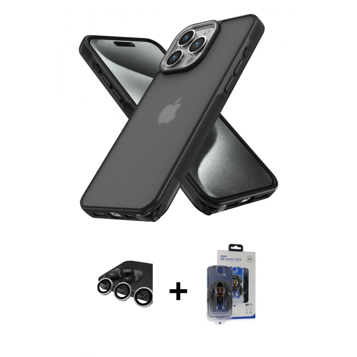 MARSİLYAN™- iPhone 15 Pro Max Kılıf Atlas Form - Siyah Vanessa Magic Cam + Raze Metal Kamera Lens - GS