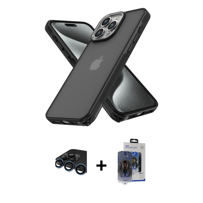 MARSİLYAN™- iPhone 15 Pro Max Kılıf Atlas Form - Siyah Vanessa Magic Cam + Raze Metal Kamera Lens - LT