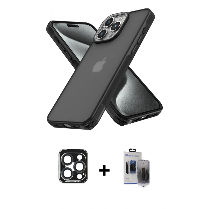 MARSİLYAN™- iPhone 15 Pro Max Kılıf Atlas Form - Siyah Vanessa Magic Hayalet Cam + PVD Metal Kamera Lens - LT