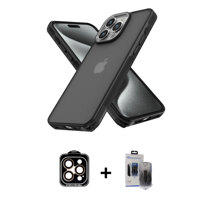 MARSİLYAN™- iPhone 15 Pro Max Kılıf Atlas Form - Siyah Vanessa Magic Hayalet Cam + PVD Metal Kamera Lens - TU
