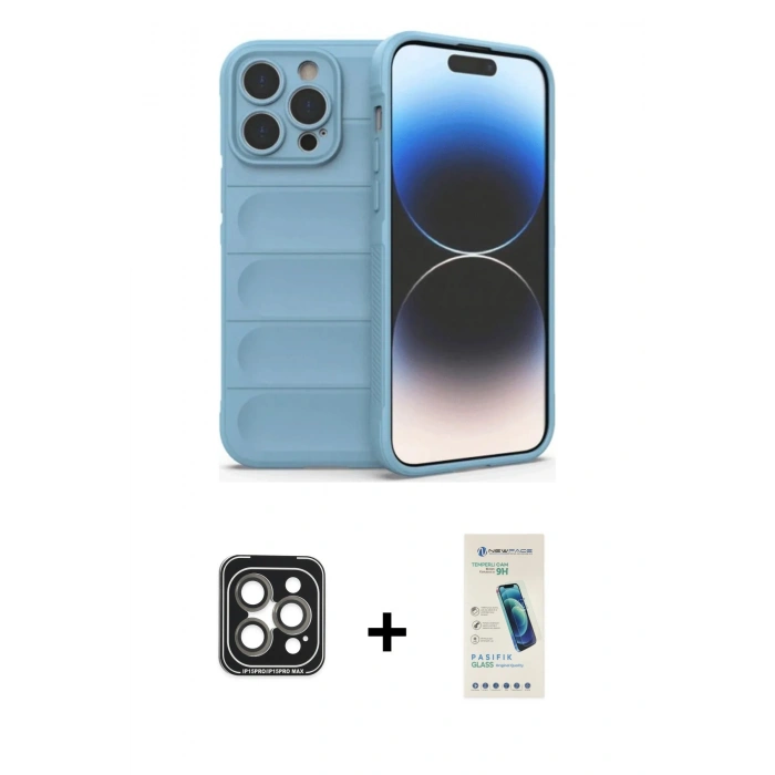 MARSİLYAN™- iPhone 15 Pro Max Kılıf Atlas Koleksiyonu - Şeffaf Pasifik Cam Ekran Koruyucu + PVD Metal Kamera Lens - GI