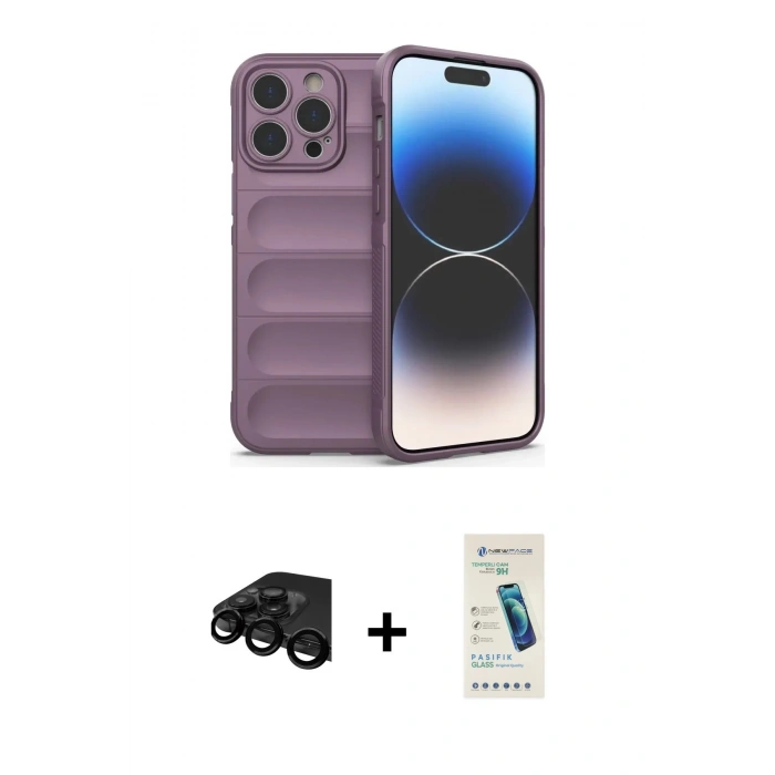 MARSİLYAN™- iPhone 15 Pro Max Kılıf Atlas Koleksiyonu - Şeffaf Pasifik Cam Ekran Koruyucu + Raze Metal Kamera Lens - SH