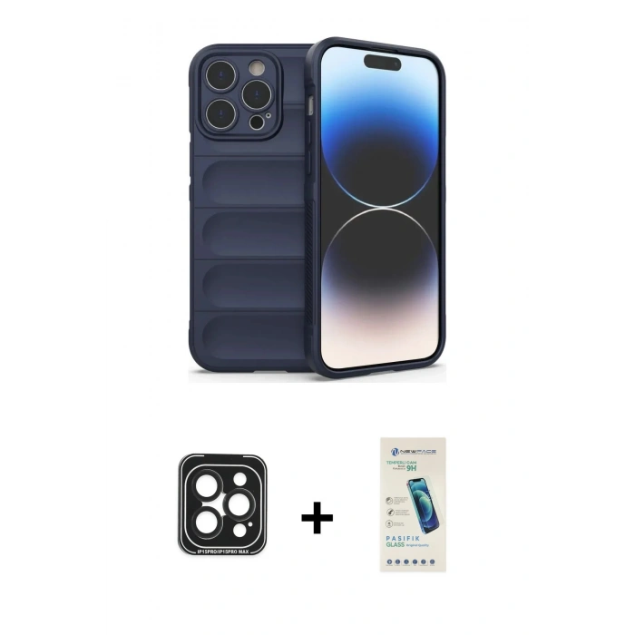 MARSİLYAN™- iPhone 15 Pro Max Kılıf Atlas Koleksiyonu - Şeffaf Pasifik Cam Ekran Koruyucu + PVD Metal Kamera Lens - SH