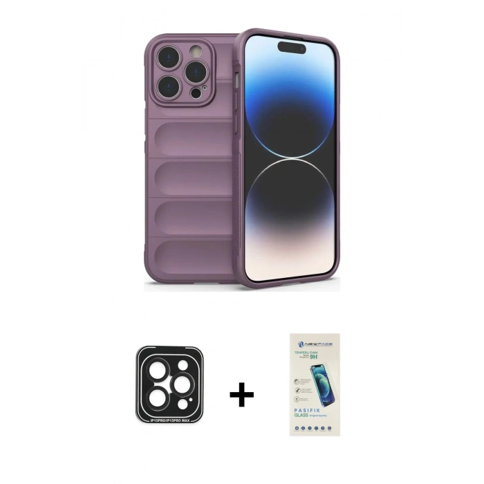 MARSİLYAN™- iPhone 15 Pro Max Kılıf Atlas Koleksiyonu - Şeffaf Pasifik Cam Ekran Koruyucu + PVD Metal Kamera Lens - SH