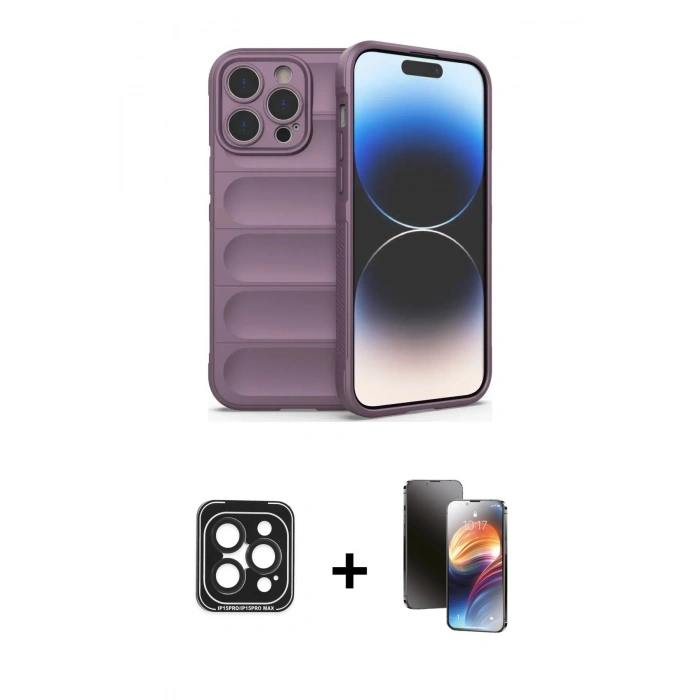 MARSİLYAN™- iPhone 15 Pro Max Kılıf Atlas Koleksiyonu - Siyah 3D Antistatik Mat Seramik Nano Ekran Koruyucu + PVD Metal Kamera Lens - SH