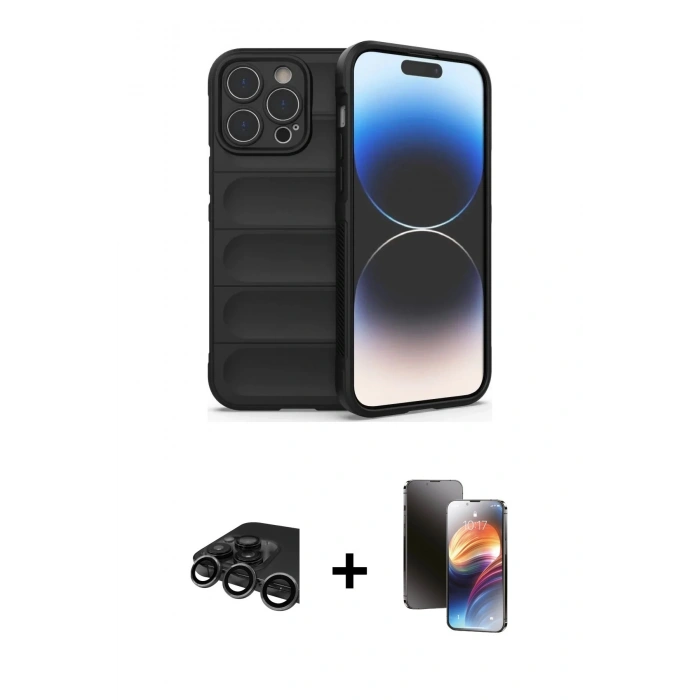 MARSİLYAN™- iPhone 15 Pro Max Kılıf Atlas Koleksiyonu - Siyah 3D Antistatik Mat Seramik Nano Ekran Koruyucu + Raze Metal Kamera Lens - TMGI