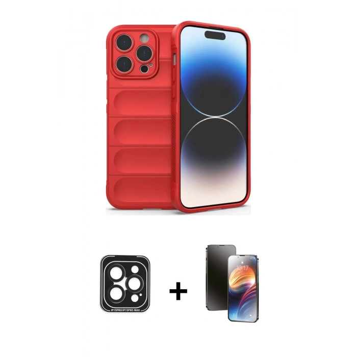 MARSİLYAN™- iPhone 15 Pro Max Kılıf Atlas Koleksiyonu - Siyah 3D Antistatik Mat Seramik Nano Ekran Koruyucu + PVD Metal Kamera Lens - SH
